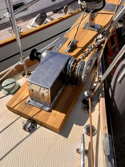 Glory Yacht Photos Pics 2001 Shannon 43 Cutter deck with winch and chain detail.
