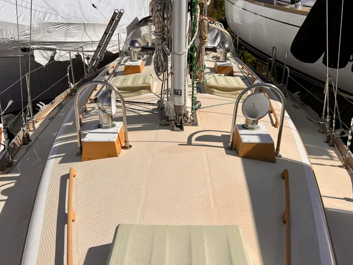 Glory Yacht Photos Pics Deck view of 2001 Shannon 43 Cutter sailboat with winches and rigging.