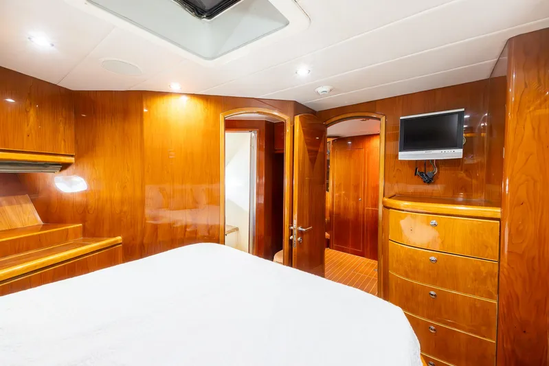 Ocean 1 Yacht Photos Pics Luxurious wood-paneled cabin interior of 2008 Hargrave Sky Lounge yacht with TV and storage.