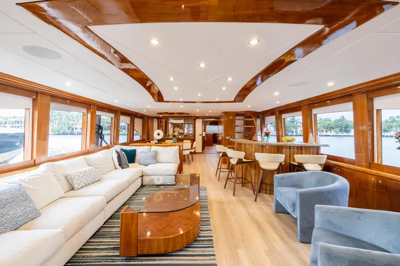 Ocean 1 Yacht Photos Pics Luxurious 2008 Hargrave Sky Lounge interior with elegant wood finishes and plush seating.