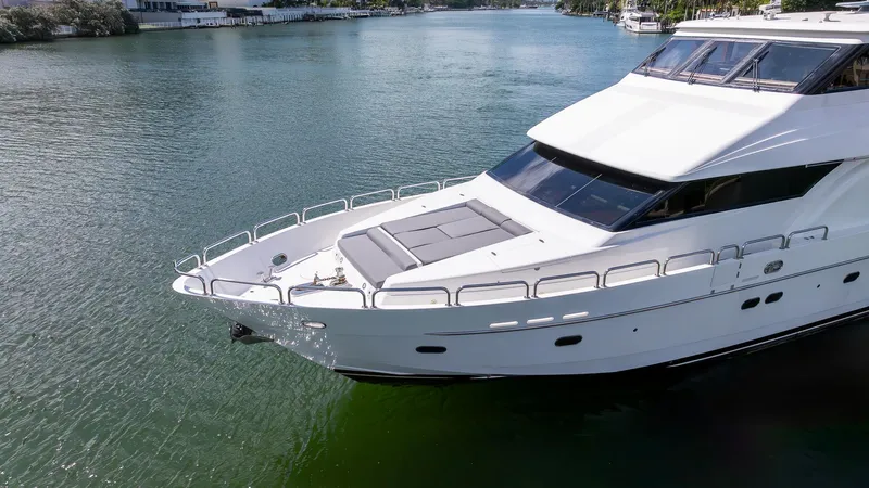 Ocean 1 Yacht Photos Pics 2008 Hargrave Sky Lounge yacht on calm water, showcasing sleek design and luxury features.