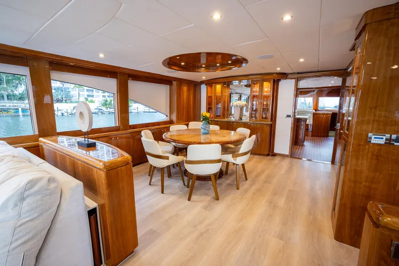 Ocean 1 Yacht Photos Pics Luxurious 2008 Hargrave Sky Lounge yacht interior with elegant dining area and wooden finishes.