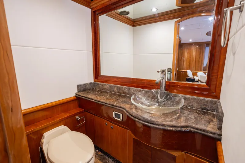 Ocean 1 Yacht Photos Pics Luxurious bathroom in 2008 Hargrave Sky Lounge yacht with elegant wood and marble finishes.