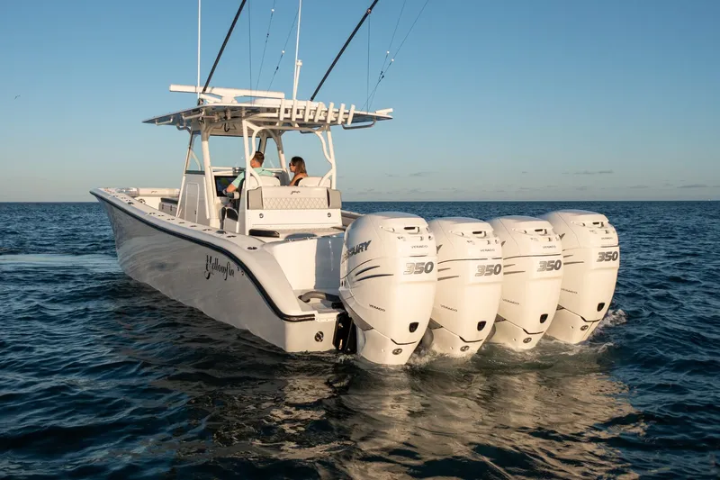  Yacht Photos Pics 2019 Yellowfin 39 boat with four Mercury 350 outboard engines on open water.