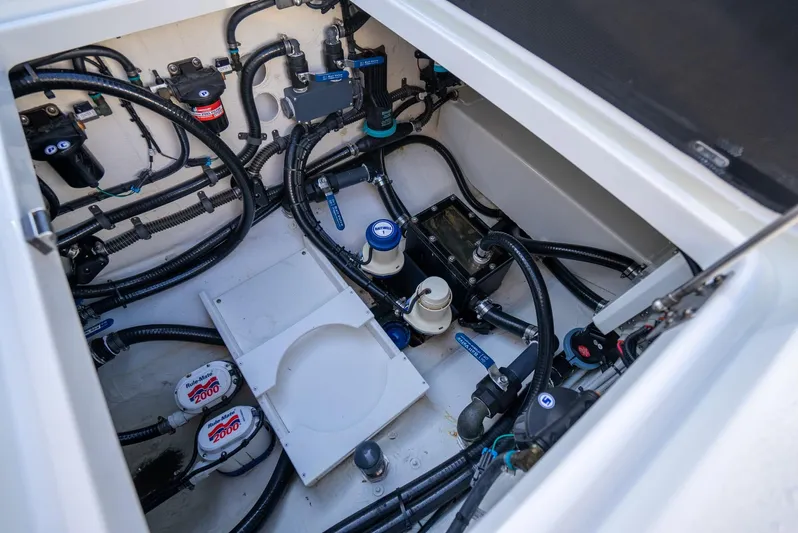  Yacht Photos Pics 2019 Yellowfin 39 boat engine compartment with wiring and components.