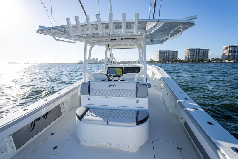  Yacht Photos Pics 2019 Yellowfin 39 boat interior with seating and ocean view.
