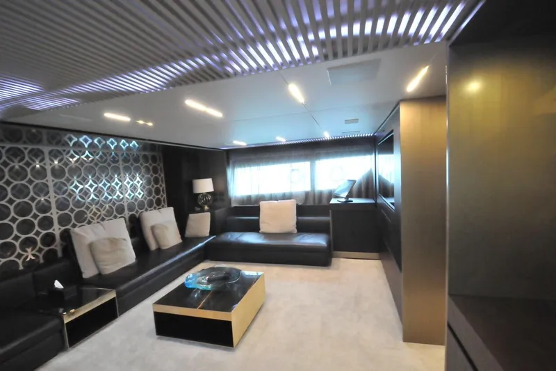  Yacht Photos Pics Luxurious interior of 2017 Ferretti Yachts 850 with modern seating and elegant decor.