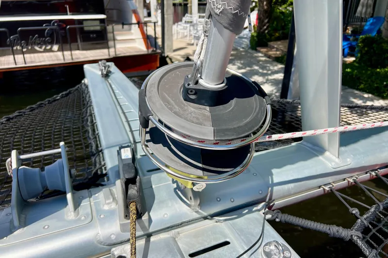 Ke'ala Yacht Photos Pics Sailing equipment on Balance 482 catamaran, 2021 model, docked near water.