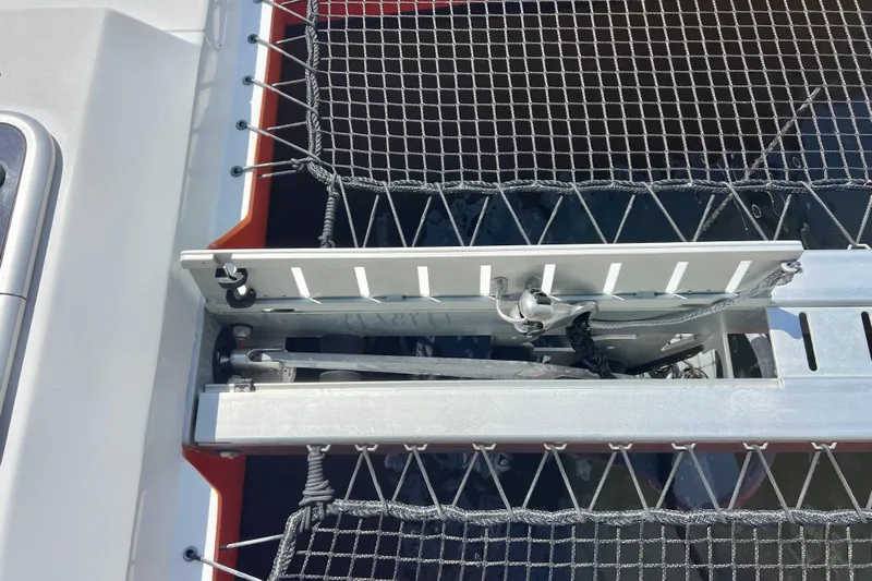 Ke'ala Yacht Photos Pics Close-up of Balance 482 catamaran deck with netting and metal fittings, 2021 model.