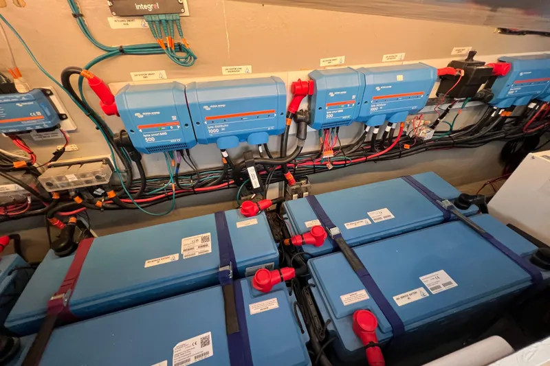 Ke'ala Yacht Photos Pics Electrical system with Balance 482 components, featuring batteries and wiring, 2021 model.