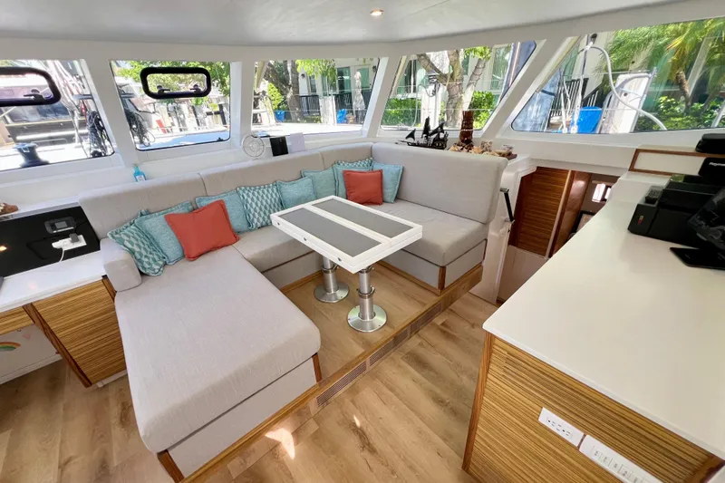 Ke'ala Yacht Photos Pics Modern 2021 Balance 482 yacht interior with cozy seating and stylish decor.
