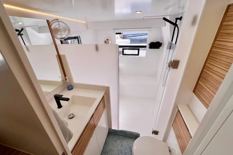 Ke'ala Yacht Photos Pics Modern bathroom interior in 2021 Balance 482 yacht, featuring sleek design and natural light.