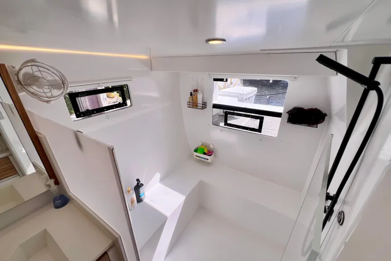 Ke'ala Yacht Photos Pics Modern bathroom interior in 2021 Balance 482 yacht, featuring sleek design and ample natural light.