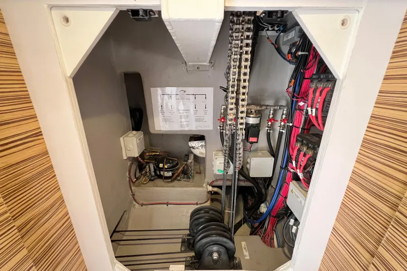Ke'ala Yacht Photos Pics Electrical compartment of Balance 482 yacht, showcasing wiring and components, 2021 model.