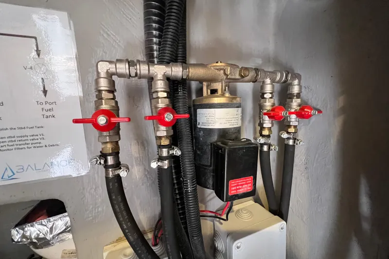 Ke'ala Yacht Photos Pics Fuel system with red valves and pipes, Balance 482 model, 2021.