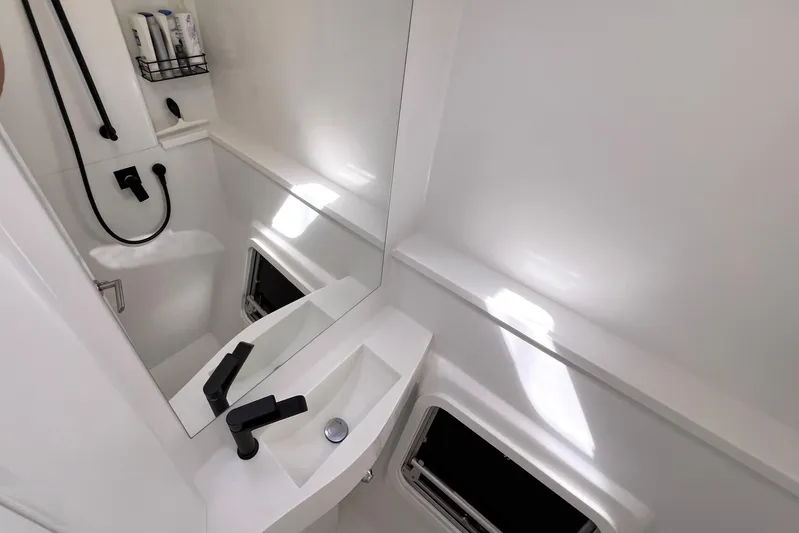 Ke'ala Yacht Photos Pics Modern bathroom interior in Balance 482, 2021 model, featuring sleek fixtures and minimalist design.