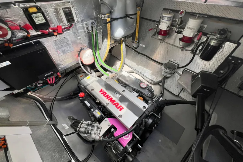 Ke'ala Yacht Photos Pics Engine room of a 2021 Balance 482 yacht featuring a Yanmar engine.