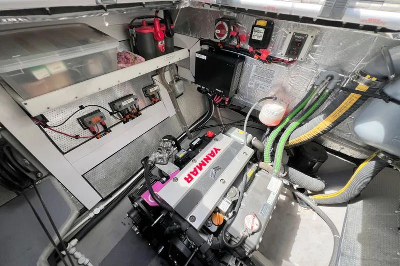 Ke'ala Yacht Photos Pics Engine room of Balance 482 yacht, featuring Yanmar engine and organized wiring, 2021 model.