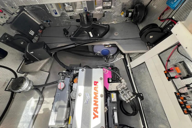 Ke'ala Yacht Photos Pics Engine room of a 2021 Balance 482 yacht featuring a Yanmar engine.