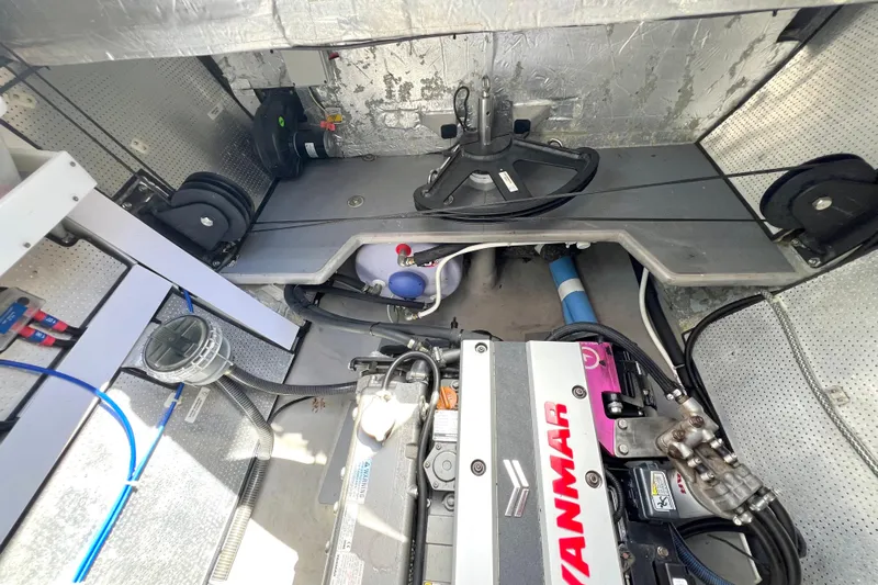 Ke'ala Yacht Photos Pics Engine compartment of a 2021 Balance 482 with Yanmar engine and mechanical components.