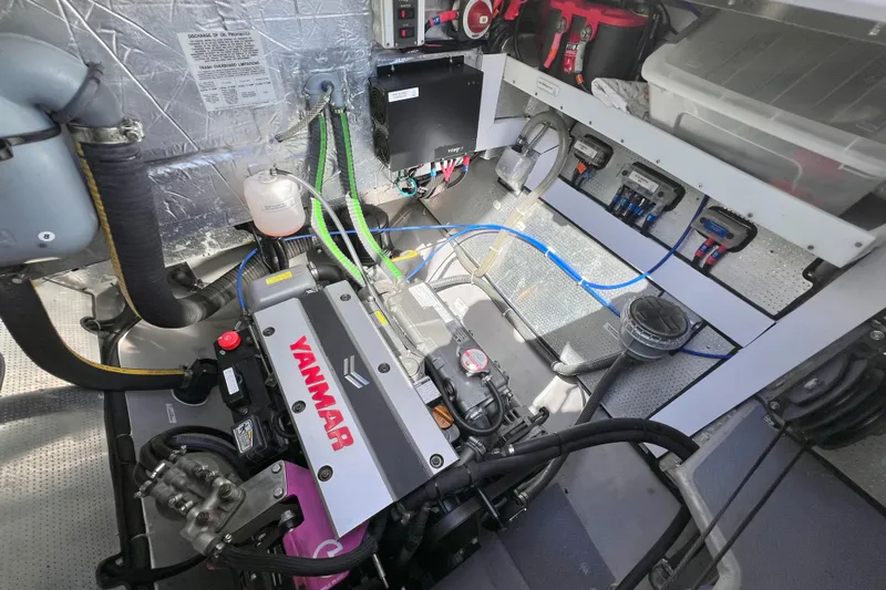 Ke'ala Yacht Photos Pics Engine room of a 2021 Balance 482 yacht featuring a Yanmar engine.