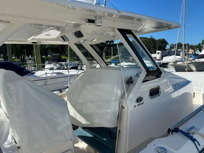 "ahhh Nice" Yacht Photos Pics 2018 Pursuit S 368 Sport boat docked at marina.
