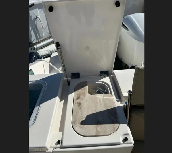 "ahhh Nice" Yacht Photos Pics Open compartment on a 2018 Pursuit S 368 Sport boat.