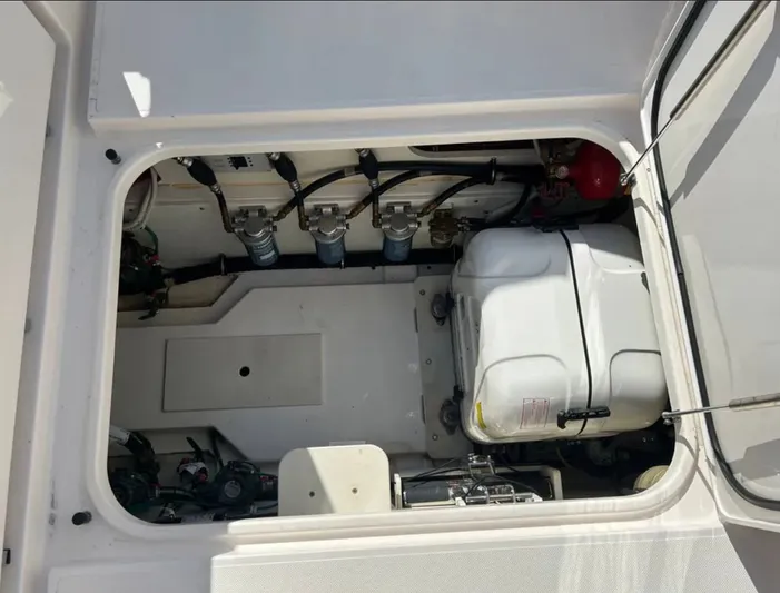 "ahhh Nice" Yacht Photos Pics Engine compartment of 2018 Pursuit S 368 Sport with technical components.