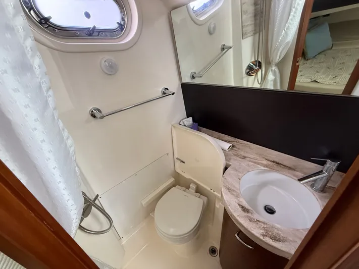 "ahhh Nice" Yacht Photos Pics Bathroom in Pursuit S 368 Sport boat, 2018 model.