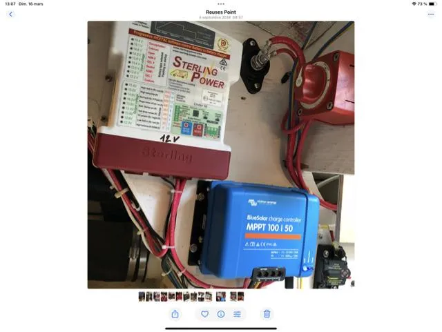 Mano 1 Yacht Photos Pics Electrical components in a 2011 Mainship 395 Trawler, featuring Sterling Power and Victron Energy devices.