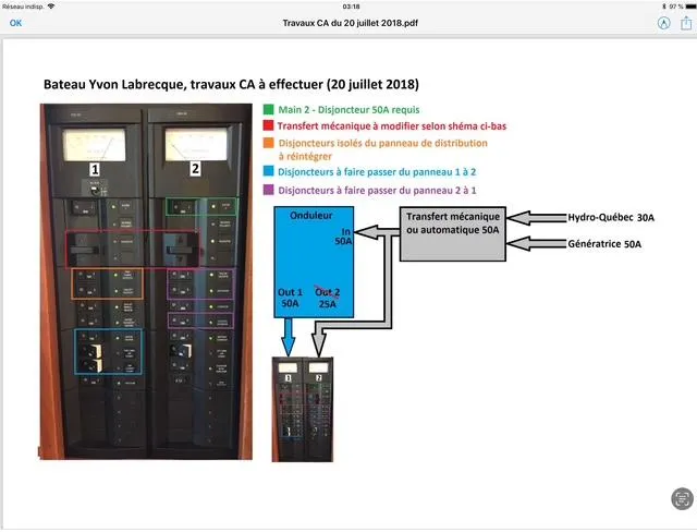 Mano 1 Yacht Photos Pics Electrical panel diagram for Mainship 395 Trawler 2011, showing circuit modifications and transfer instructions.
