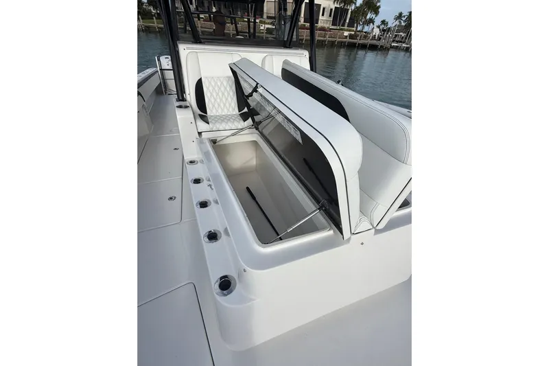  Yacht Photos Pics 2020 SeaHunter 41 CTS boat with open storage compartment on deck.