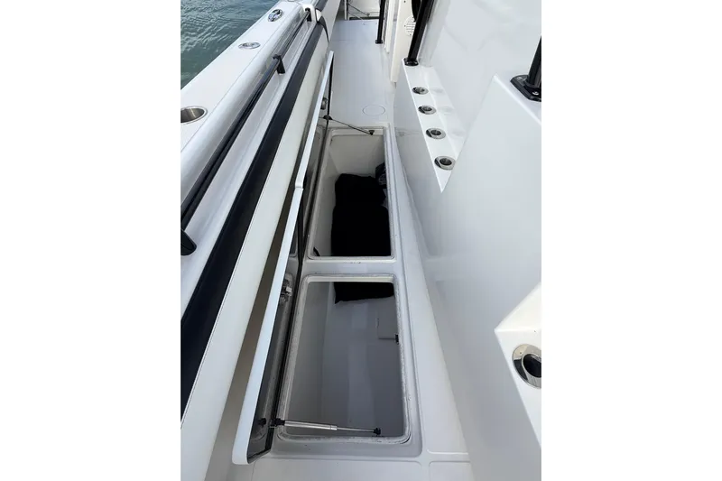  Yacht Photos Pics 2020 SeaHunter 41 CTS boat deck with open storage compartments.