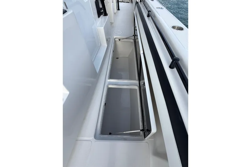  Yacht Photos Pics 2020 SeaHunter 41 CTS boat deck with open storage compartments.