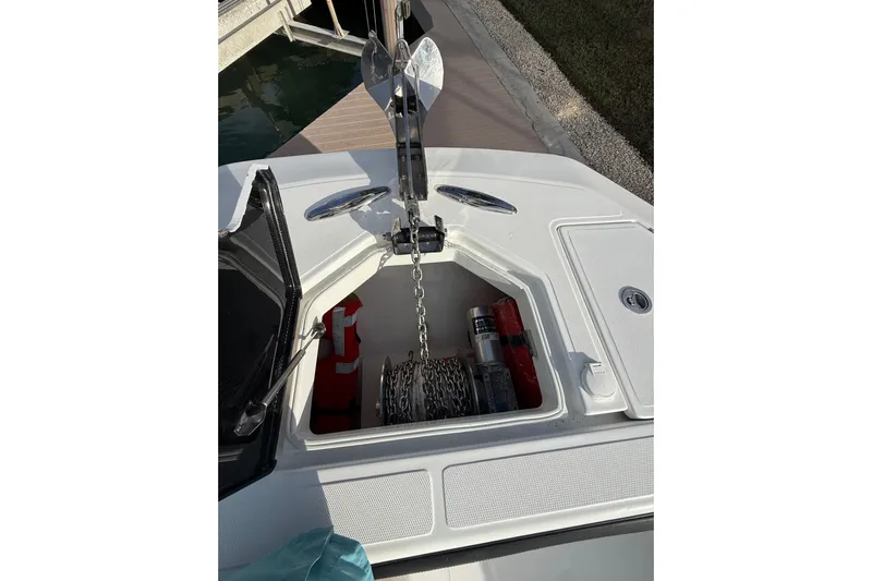  Yacht Photos Pics 2020 SeaHunter 41 CTS boat anchor compartment with chain and safety equipment.