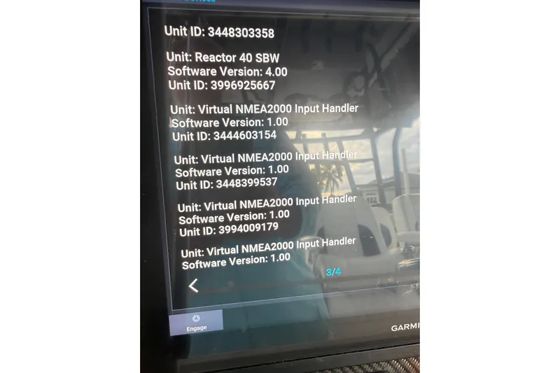  Yacht Photos Pics Display screen showing software versions and unit IDs on a 2020 SeaHunter 41 CTS boat.