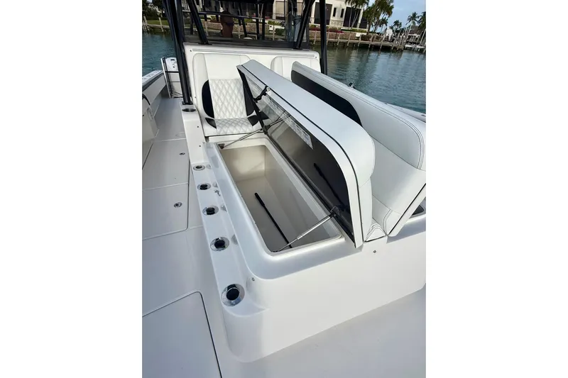  Yacht Photos Pics 2020 SeaHunter 41 CTS boat with open storage compartment and seating.