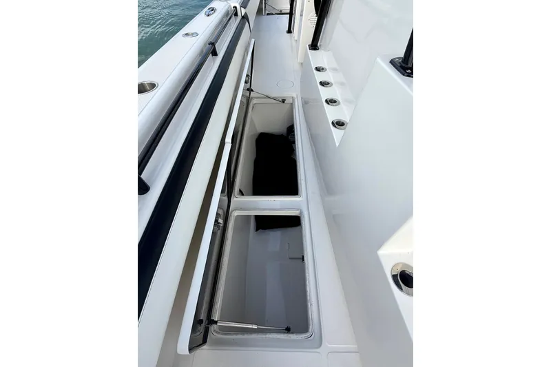  Yacht Photos Pics 2020 SeaHunter 41 CTS boat with open storage compartments on deck.