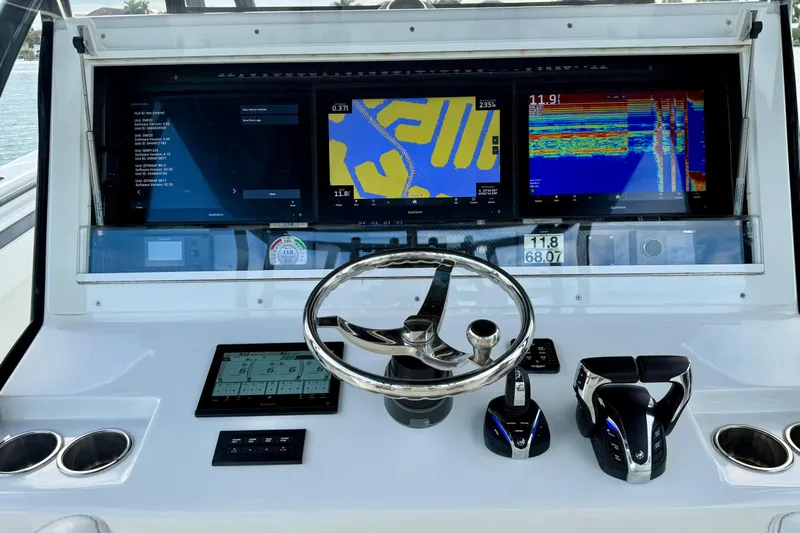  Yacht Photos Pics 2020 SeaHunter 41 CTS helm with advanced navigation displays and controls.