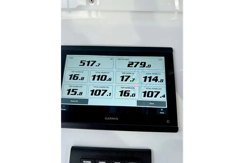  Yacht Photos Pics Garmin display on 2020 SeaHunter 41 CTS showing fuel usage and trip data.