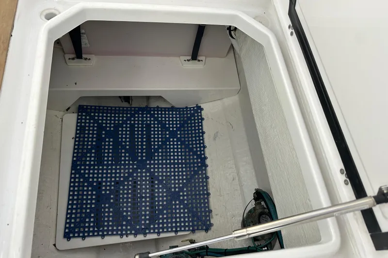  Yacht Photos Pics Storage compartment of 2020 Southport 33DC boat with blue mat and hydraulic strut.