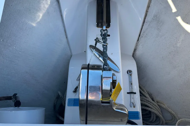  Yacht Photos Pics Anchor winch and chain on 2020 Southport 33DC boat deck.
