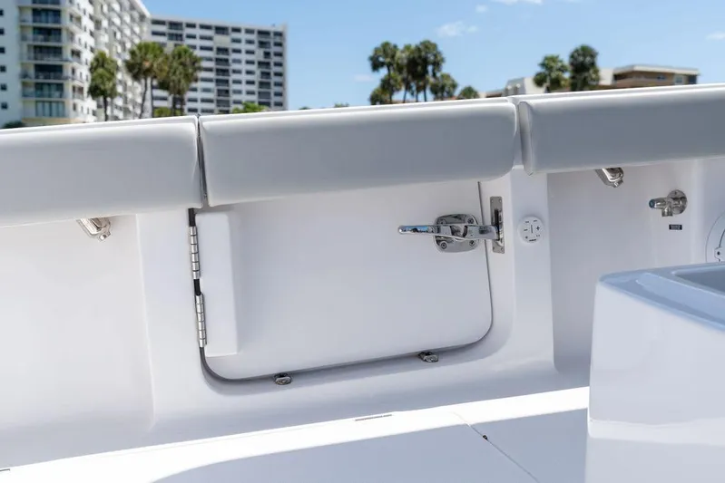  Yacht Photos Pics 2022 Jupiter 32 boat interior detail with sleek white finish and modern hardware.