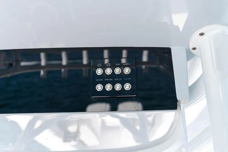  Yacht Photos Pics Control panel on a 2022 Jupiter 32 boat, featuring multiple buttons.