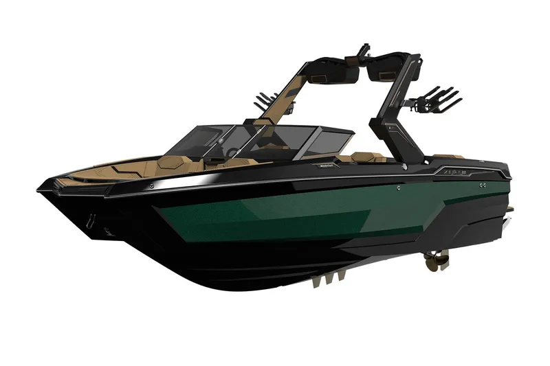  Yacht Photos Pics Manufacturer Provided Image: 2025 MasterCraft XStar 23 boat with sleek black and green design, featuring advanced wakeboard tower.
