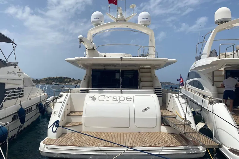 75 Princess 2008 Yacht Photos Pics 2008 Princess 75 Motor Yacht docked at marina, rear view with clear sky.