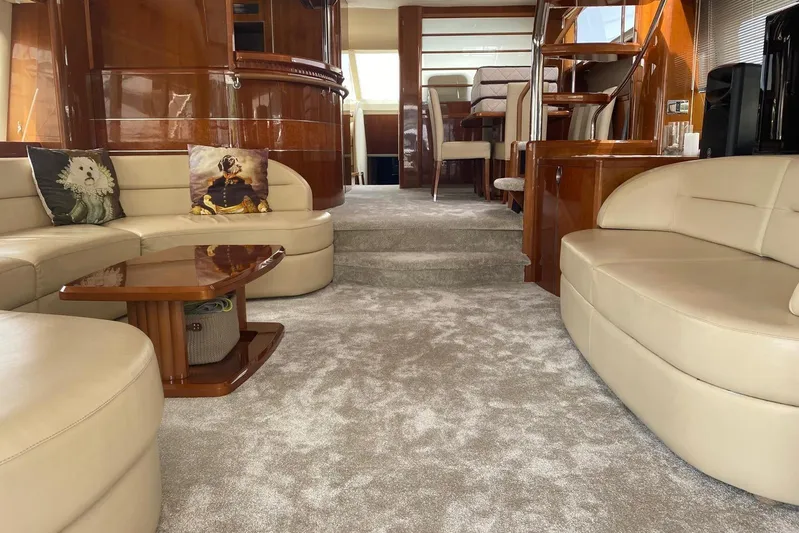 75 Princess 2008 Yacht Photos Pics Luxurious interior of 2008 Princess 75 Motor Yacht with plush seating and elegant wood finishes.