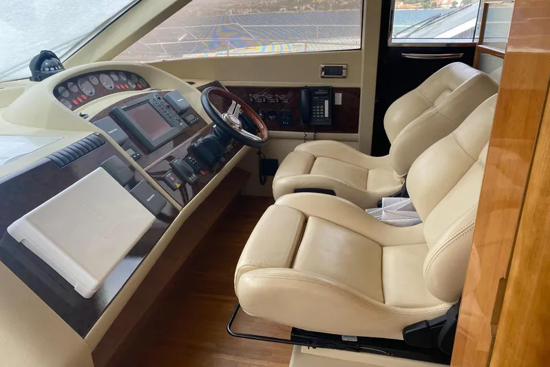 75 Princess 2008 Yacht Photos Pics Interior helm of 2008 Princess 75 Motor Yacht with leather seats and navigation controls.