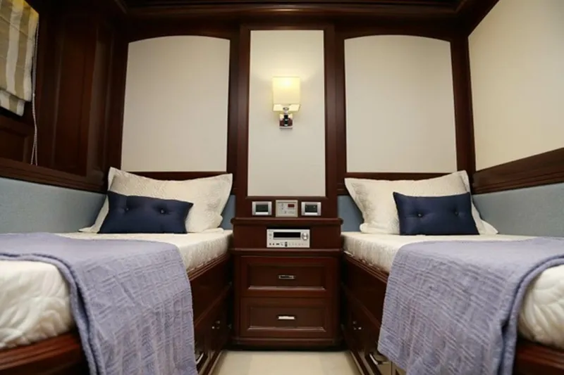 Samsara Yacht Photos Pics Luxurious twin cabin interior on 2017 Custom Dauntless yacht, featuring elegant wood finishes.