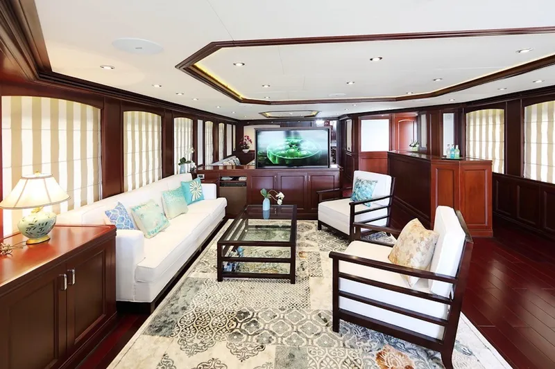 Samsara Yacht Photos Pics Luxurious 2017 Dauntless Custom yacht interior with elegant seating, wooden accents, and modern decor.